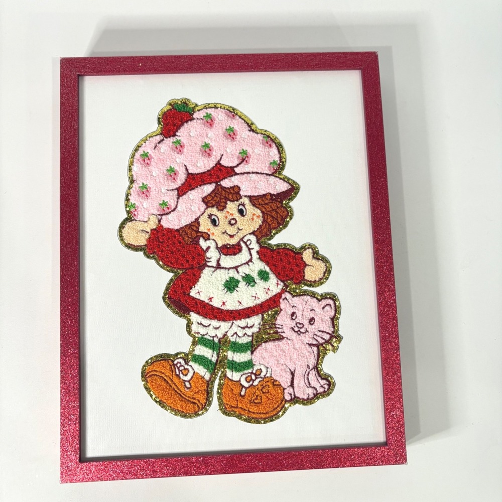 Vintage Strawberry Shortcake Chenille Patch Framed Art Red Glitter Wall Decor